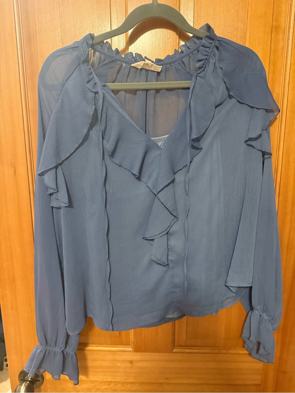 MELLODAY Slate Blue Ruffled V-Neck Blouse